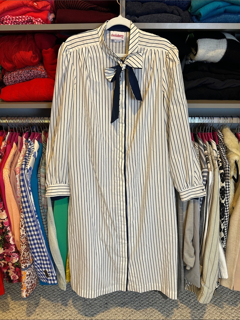 Cheekaberry vintage white/navy stripe long sleeve front button midi dress size 4